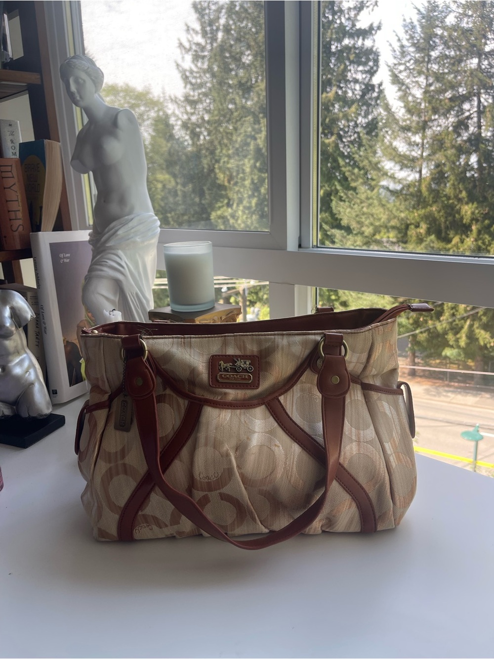 Coach Tan & Brown Signature Canvas Tote with Leather Trim